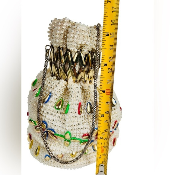 Vintage beaded & bejewelled evening bag, metal retractable closure, chain straps - Picture 8 of 13
